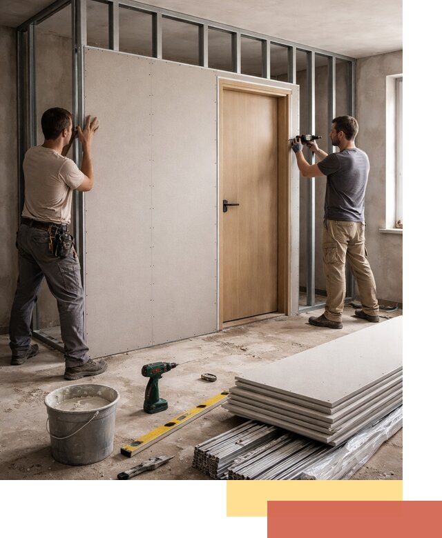 Перегородка из гипсокартона с дверью под ключ в Малгобеке