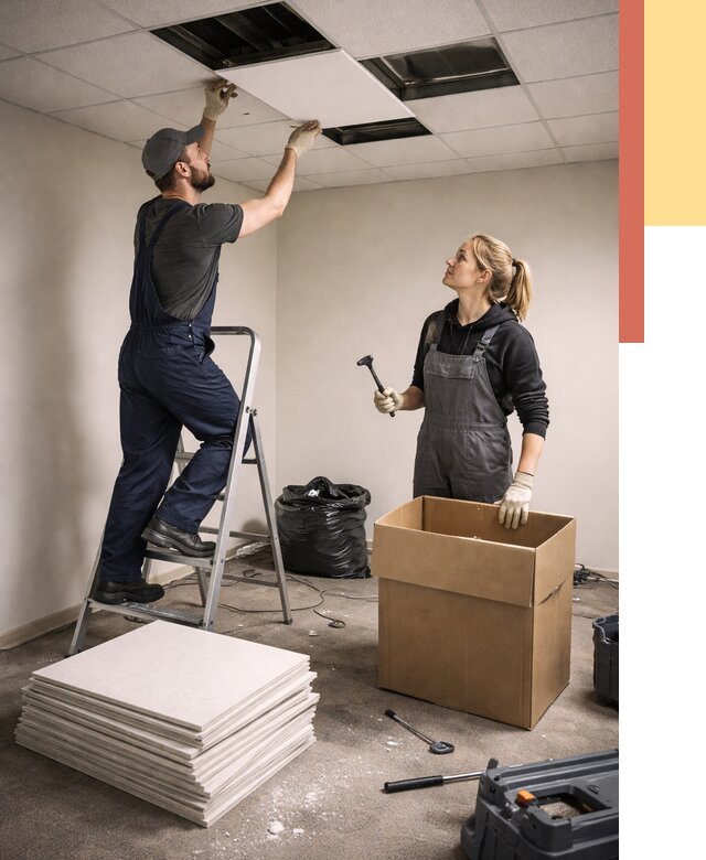 Демонтаж потолочной плитки в Малгобеке от 4643 руб. быстро и недорого | ОТДЕЛОЧНИК-Млг