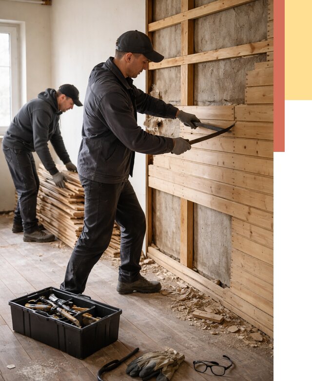 Демонтаж вагонки в Малгобеке от 3921 руб/м2 — быстро и недорого | ОТДЕЛОЧНИК-Млг