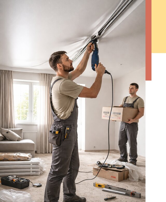 Монтаж сатинового натяжного потолка в Малгобеке от 3611 руб. | Быстро, недорого — ОТДЕЛОЧНИК-Млг