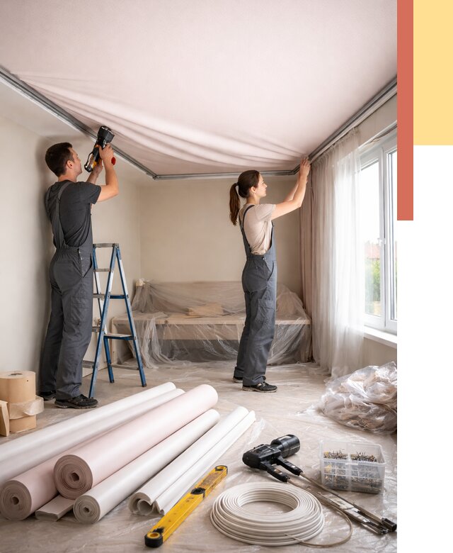 Монтаж цветного натяжного потолка в Малгобеке от 4334 руб/м² — быстро и недорого | ОТДЕЛОЧНИК-Млг