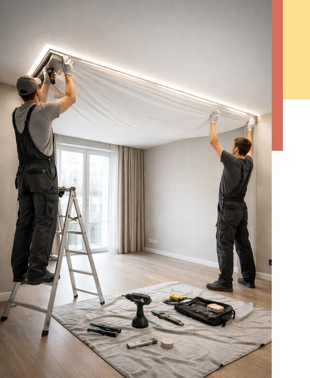 Монтаж парящего натяжного потолка в Малгобеке от 4643 руб. быстро и недорого | ОТДЕЛОЧНИК-Млг