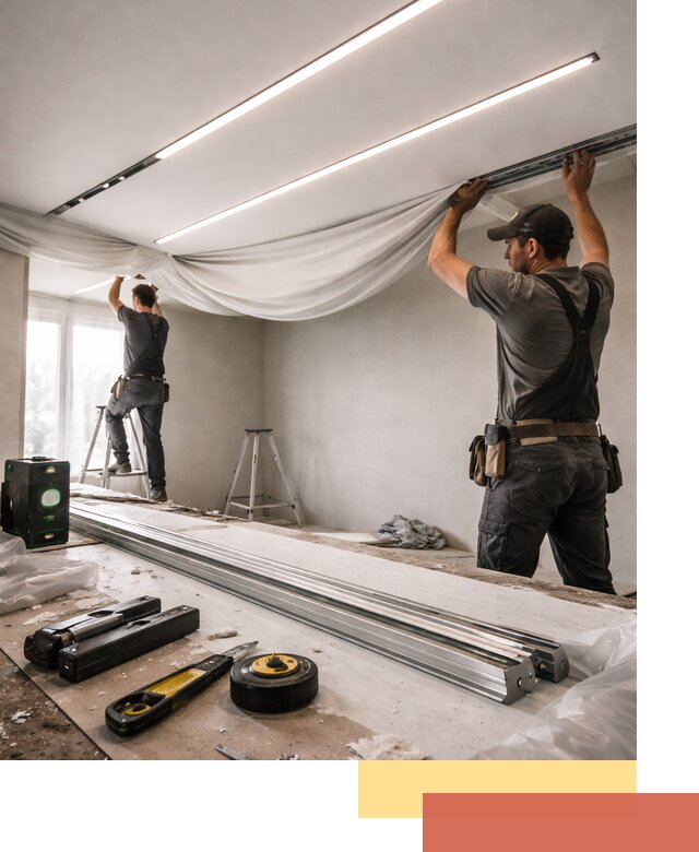 Монтаж натяжных потолков со световыми линиями в Малгобеке