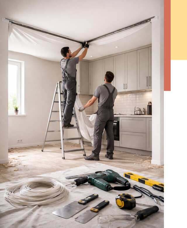 Установка натяжного потолка на кухне в Малгобеке от 2476 руб. | ОТДЕЛОЧНИК-Млг