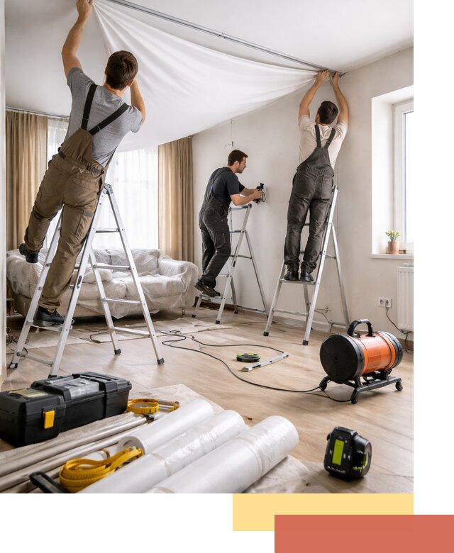 Монтаж натяжного потолка в гостиной в Малгобеке