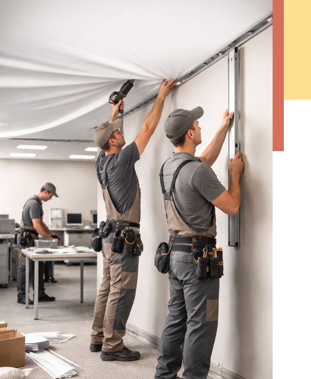 Монтаж натяжного потолка в офисе в Малгобеке от 464 руб/м² — быстро и недорого | ОТДЕЛОЧНИК-Млг