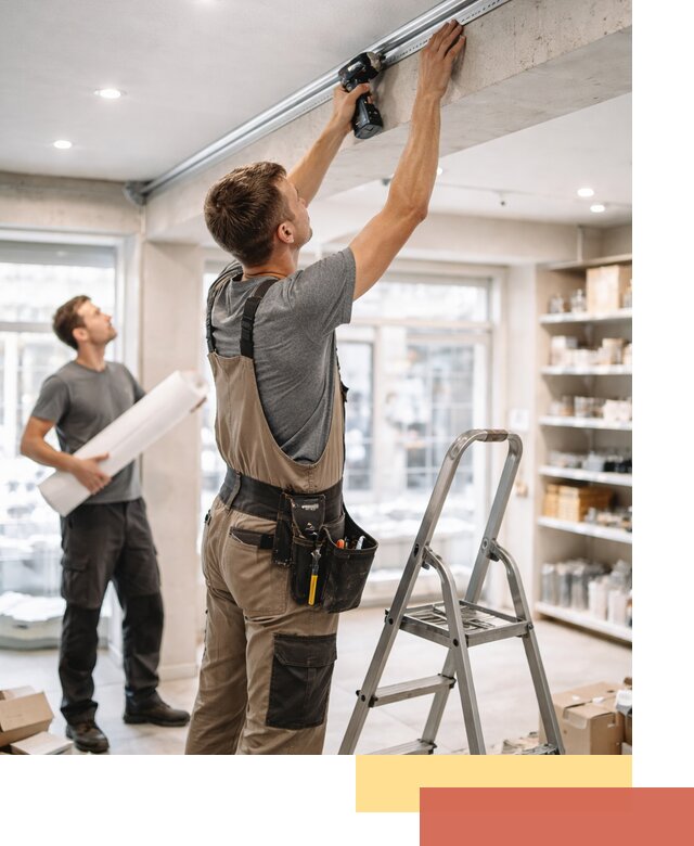 Монтаж натяжных потолков в магазине в Малгобеке