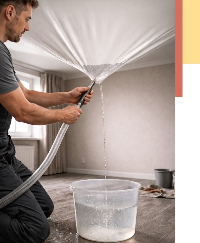 Слив воды с натяжного потолка в Малгобеке от 2580 руб. быстро и недорого | ОТДЕЛОЧНИК-Млг